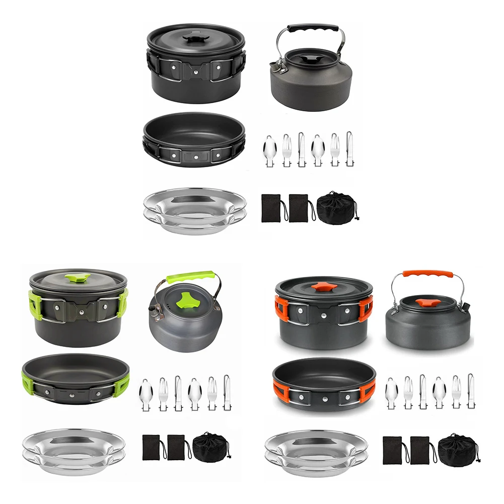 

Camping Pot and Pan Set Foldable Spoon/Fork/Knife Outdoor Tableware Equipment Serves for 2-3 Person for Outdoor Cooking