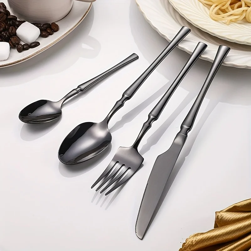 40/60-Piece Black Stainless Steel Cutlery Set, Mirror Polished, Including Dinner Forks, Steak Knives, and Soup Spoons, Suitable view 5