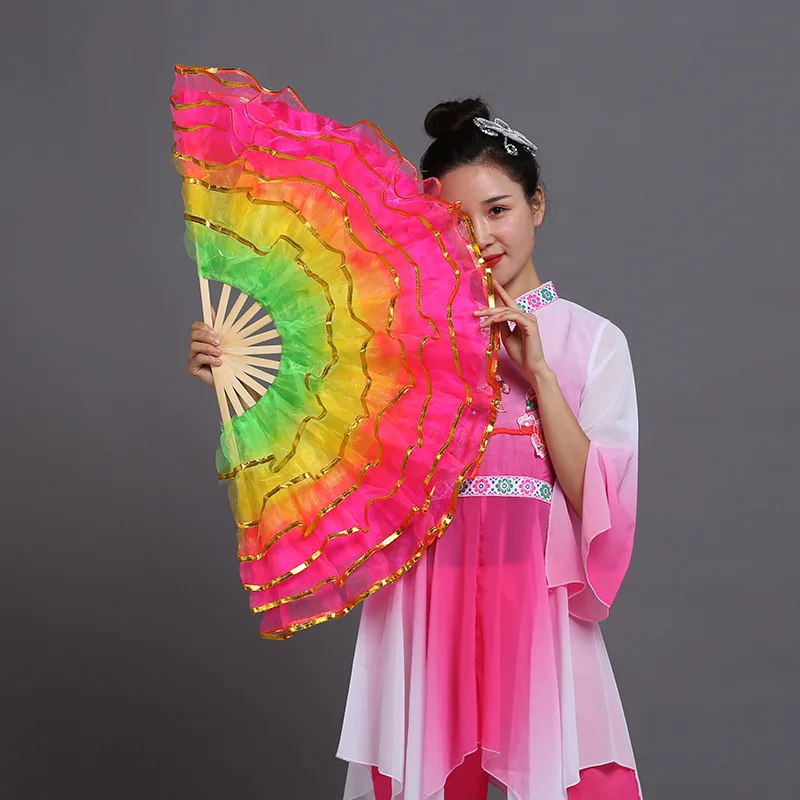 Yangge Dance Two-sided Yarn Bamboo Fan Square Dance Eventail Stage Performance Aerobics Fans Props Fitness Workouts L M S Sizes