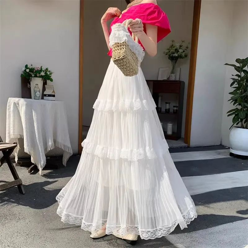 Retro Süßer Weißer Langer Rock für Damen, Lässiger Lockerer Rock mit Hoher Taille, Eleganter Vintage-Rock mit Spitzenbesatz, Koreanischer Sommer-Langrock – Detail 4