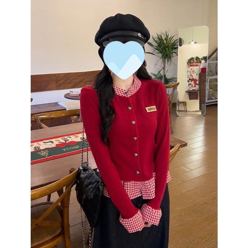 

Fake Two Piece Spliced Sweater Jacket Women Autumn Long Sleeve Loose Shirt Collar Knitted Cardigan Ladies Casual Knit Female