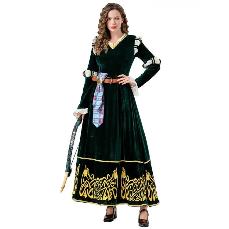 용감한 메리다 중세 궁정 스타일 녹색 긴 드레스 할로윈 의상 롤플레잉 민족 무대 의상 여성 패션
