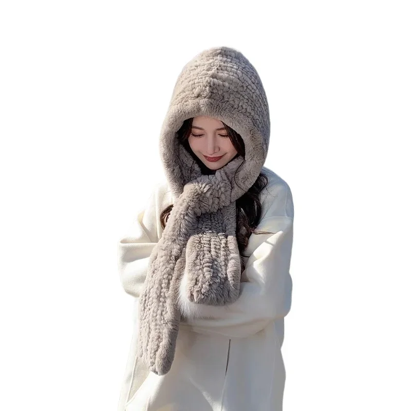 Winter Rex rabbit fur hat scarf integrated snow hat shawl, warm ear protection and windproof outdoor men's and women's models