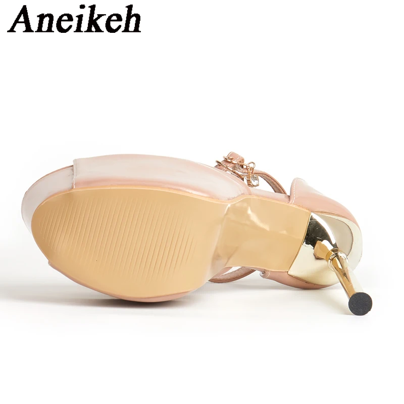 Aneikeh Women\'s Platform Open Toe Super High Heels 2024 Sexy Lacquer Leather Thin Heel Metal Pendant Sandals Strip Pole Dance