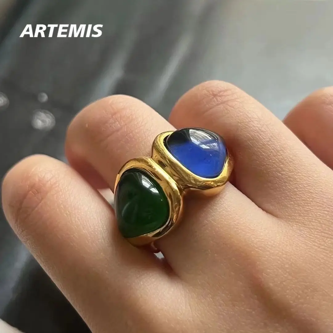 

Vintage Designer Blue Green Glazed Brass Plated 24K Gold Ring Women Top Quality Luxury Jewelry Trend