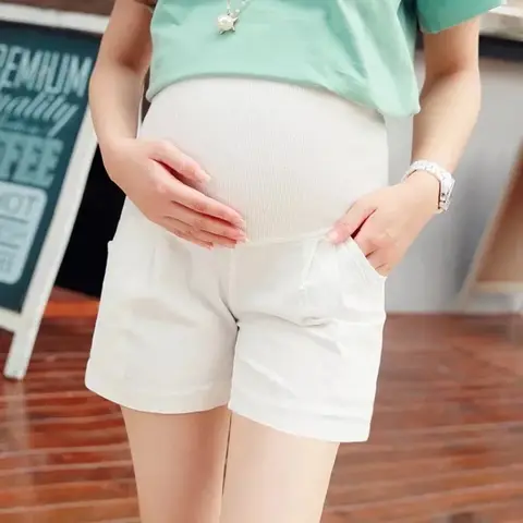 짧은 임산부 착용 얇은 코튼 리넨 느슨한 임산부 바지 지지대, 임산부 반바지 착용