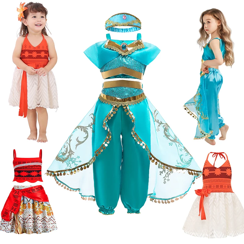 

Disney Jasmine Princess Dress of Birthday Party Carnival Cosplay Aladdin Agic Lamp Girls Costume Vestidos Halloween Clothing Set