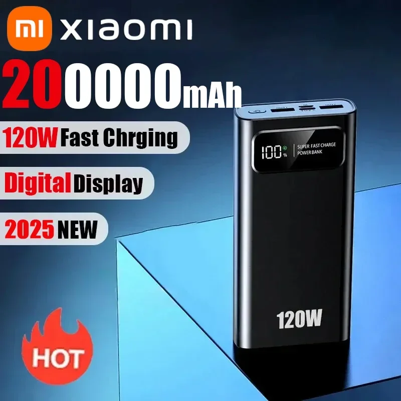 باور بانك Xiaomi 200000mAh 120W ذو سعة كبيرة جدًا، شحن سريع، شاشة رقمية محمولة، باور بانك لهاتف آيفون وسامسونج وهواوي