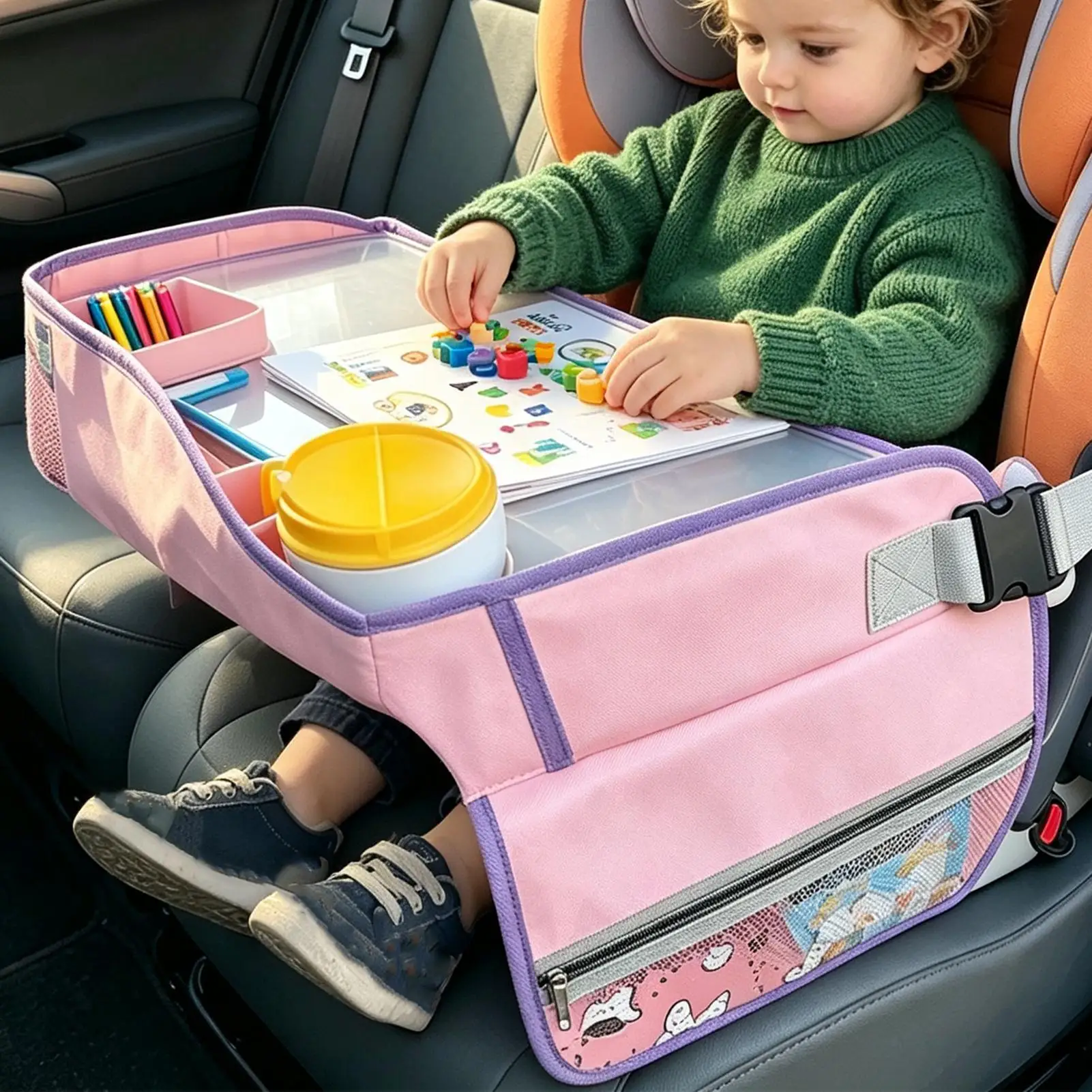 Kids Travel Table And Tray With Erasable Drawing Board Adjustable Shoulder Strap Organizer Car Seat Activity Tray For Eating