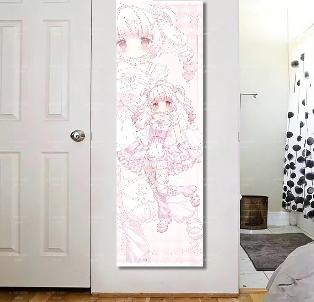 Kawaii 2D Galgame Rosa Langes Wandteppich-Banner mit Anime-Mädchen-Charakteren für Schlafzimmer und Studentenwohnheim-Dekoration