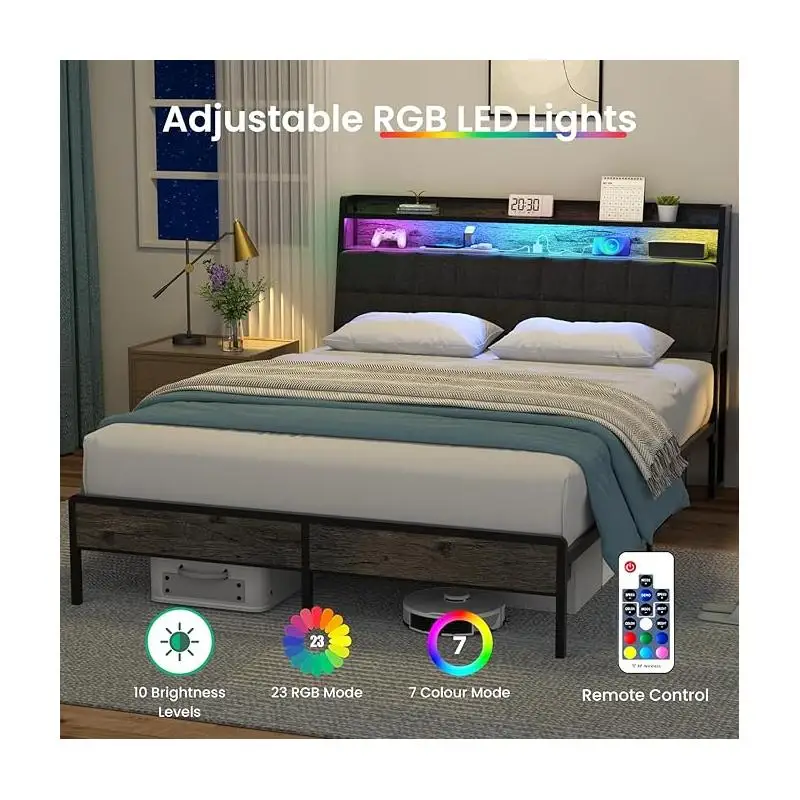 إطار سرير كامل مع لوح رأسي مريح، وحدة تخزين متعددة المساحات، ومحطة شحن، وأضواء LED RGB لغرفة النوم #3