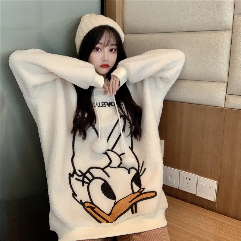 Woman Jacket Lamb Wool Coat Autumn and Winter New Cute Donald Duck Lamb Wool Sweater Coat Female Thick Mid-lengths