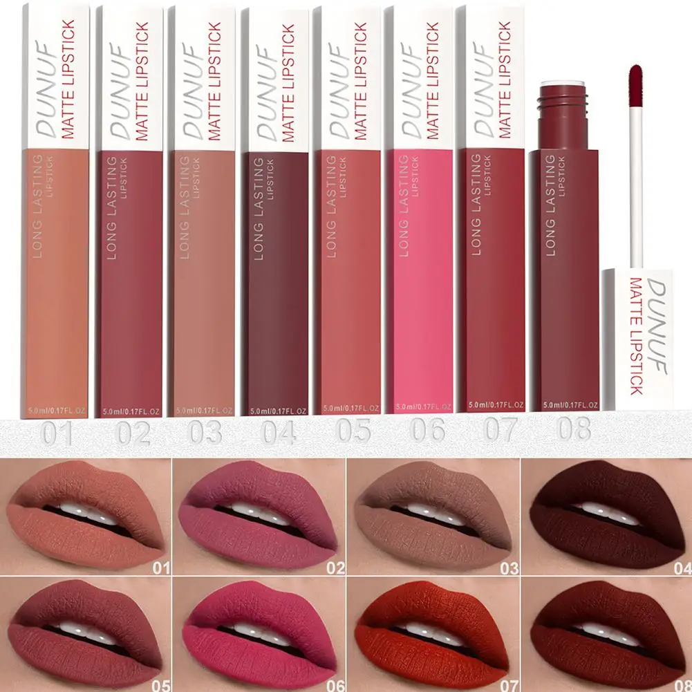 8 Colors Matt Velvet Lip Gloss Brown Red Nude Liquid Lipstick Long Lasting Waterproof Non-stick Cup Lip Glaze Lips Tint Makeup