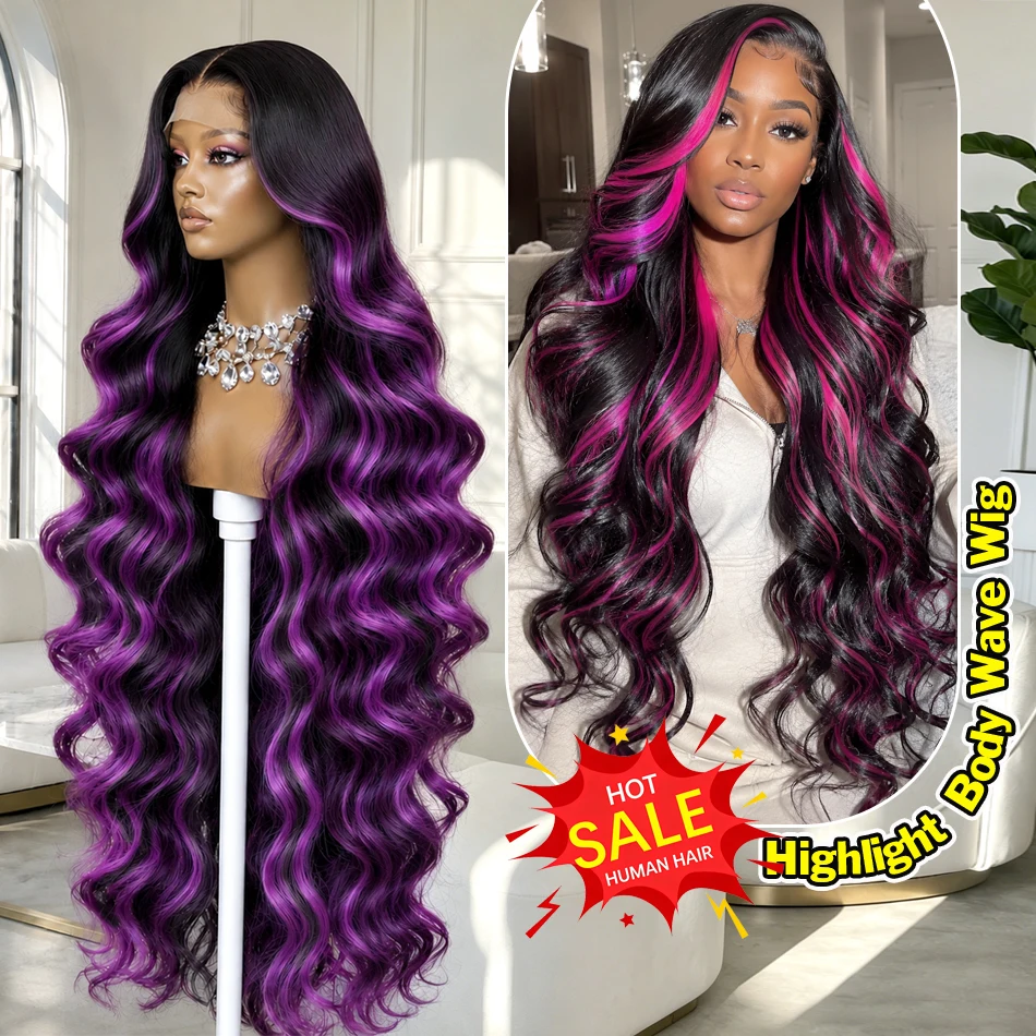

Brazilian 1B/Pink Ombre 13x4 13x6 HD Lace Frontal Wigs 250% Density Body Wave Dark Purple Highlight Wig Human Hair Colored Wig