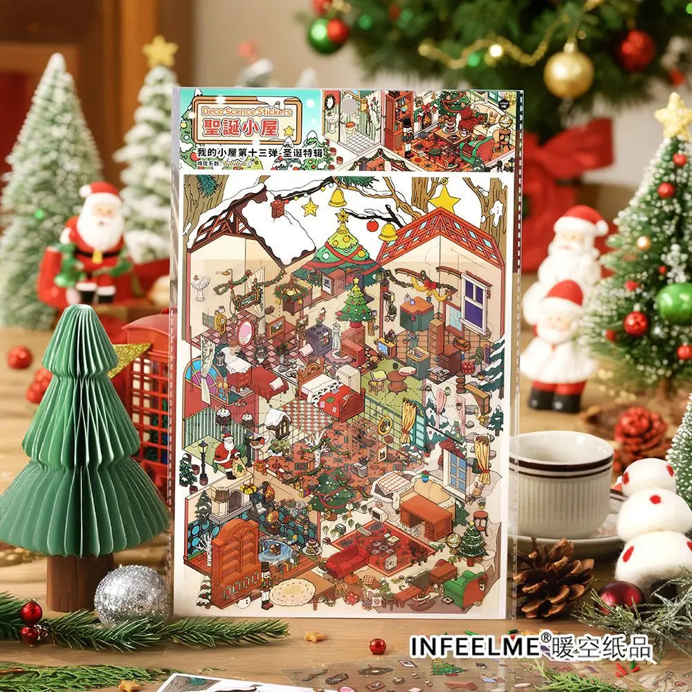 بطاقة عاشق 4 قطع [سلسلة كوخي] ملصقات مناظر طبيعية كبيرة ثلاثية الأبعاد مقاومة للماء كوخ عيد الميلاد مشاهد صغيرة متعددة المجلات