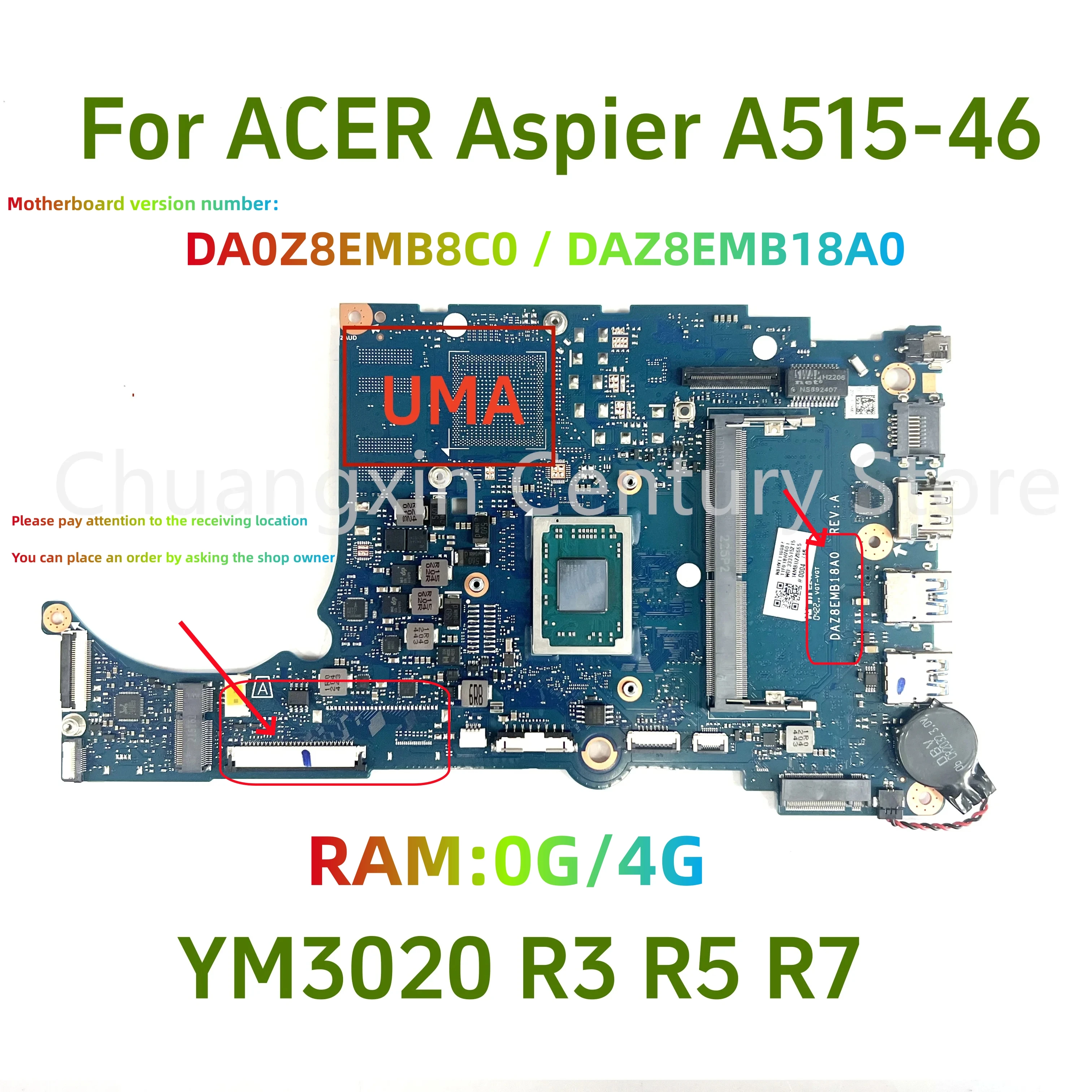 

DA0Z8EMB8C0 DAZ8EMB18A0 motherboard suitable for laptop motherboard ACER A515-46 CPU R3 R5 R7 RAM 0G/4G 100% fully tested