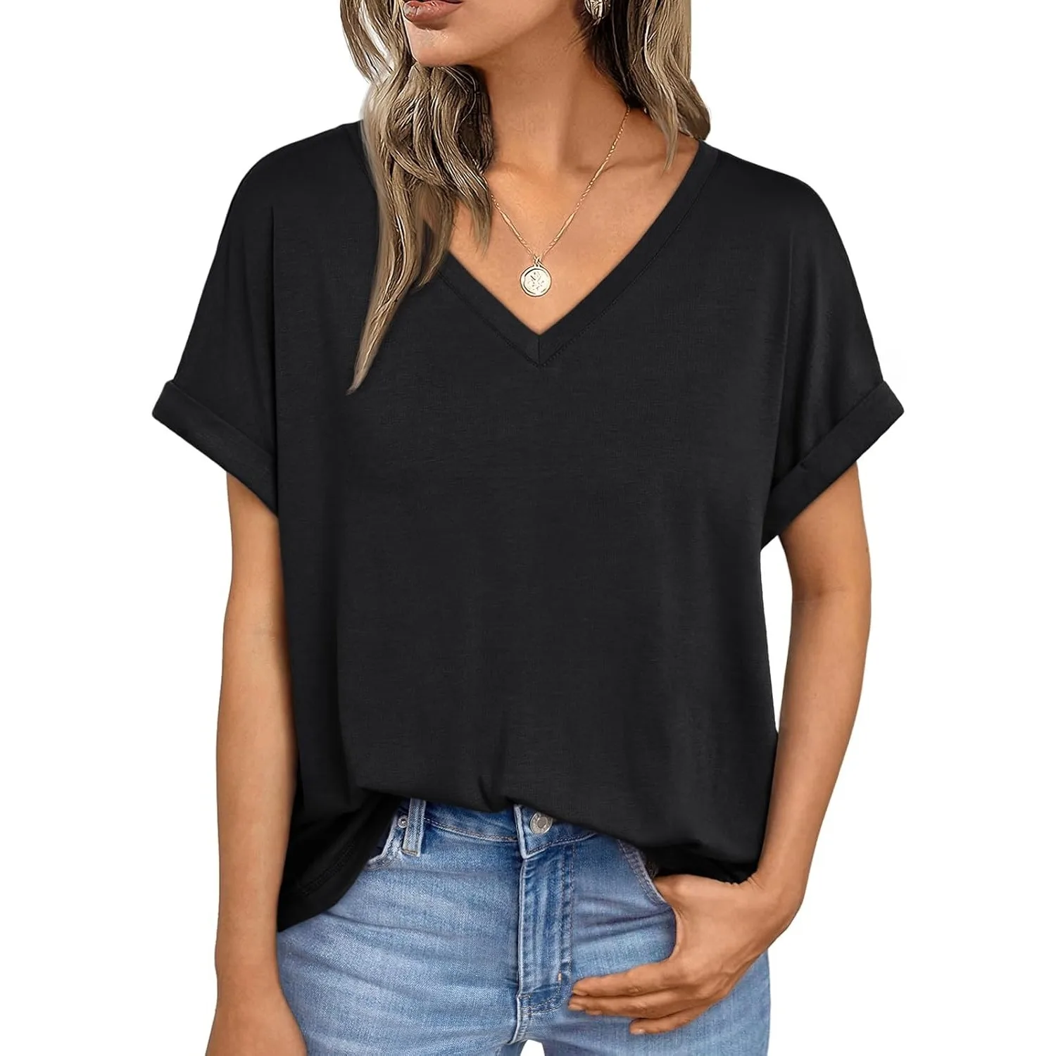 

Women's Oversized V Neck Tshirts Casual Basic Short Sleeve Summer Tops Loose Fit 2025 Plain Tee Shirts