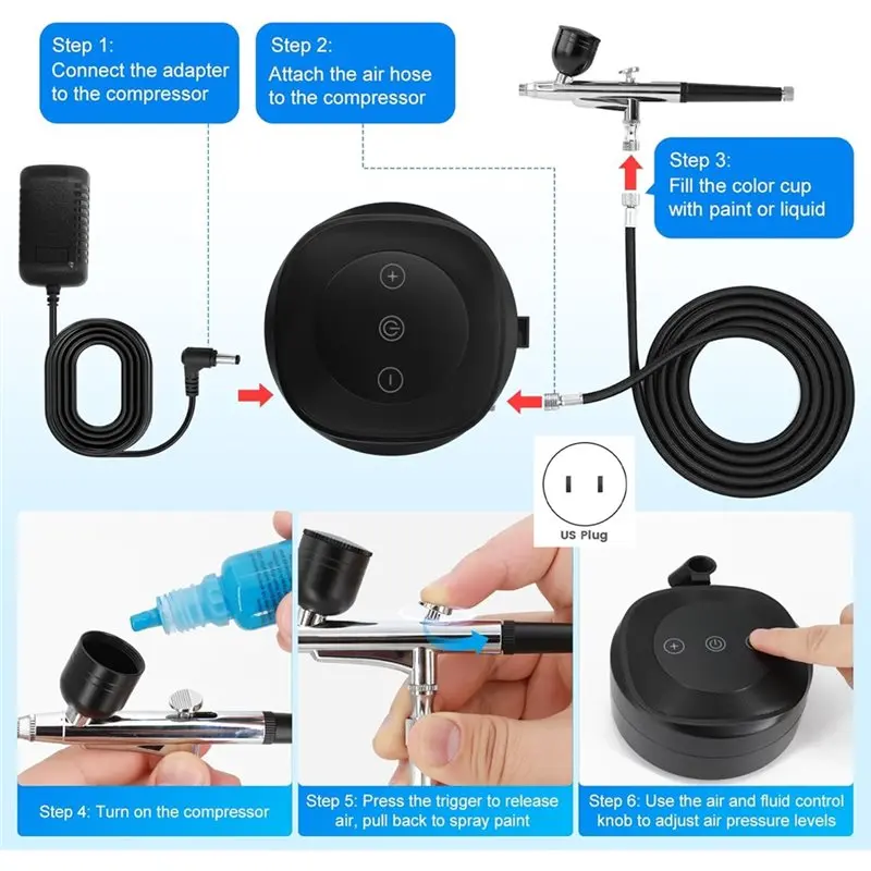 【NOW SAVE】Kit aerografo con compressore d'aria da 48 PSI 10 L/Min, set di spazzole ad aria ad alta pressione include set di pulizia da 0,3/0,5 mm e US Plu