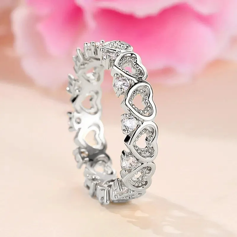 925 Sterling Silver Heart Cubic Zirconia Rings for Women Shiny CZ Stone Wedding Band Accessories Fashion Jewelry Gifts