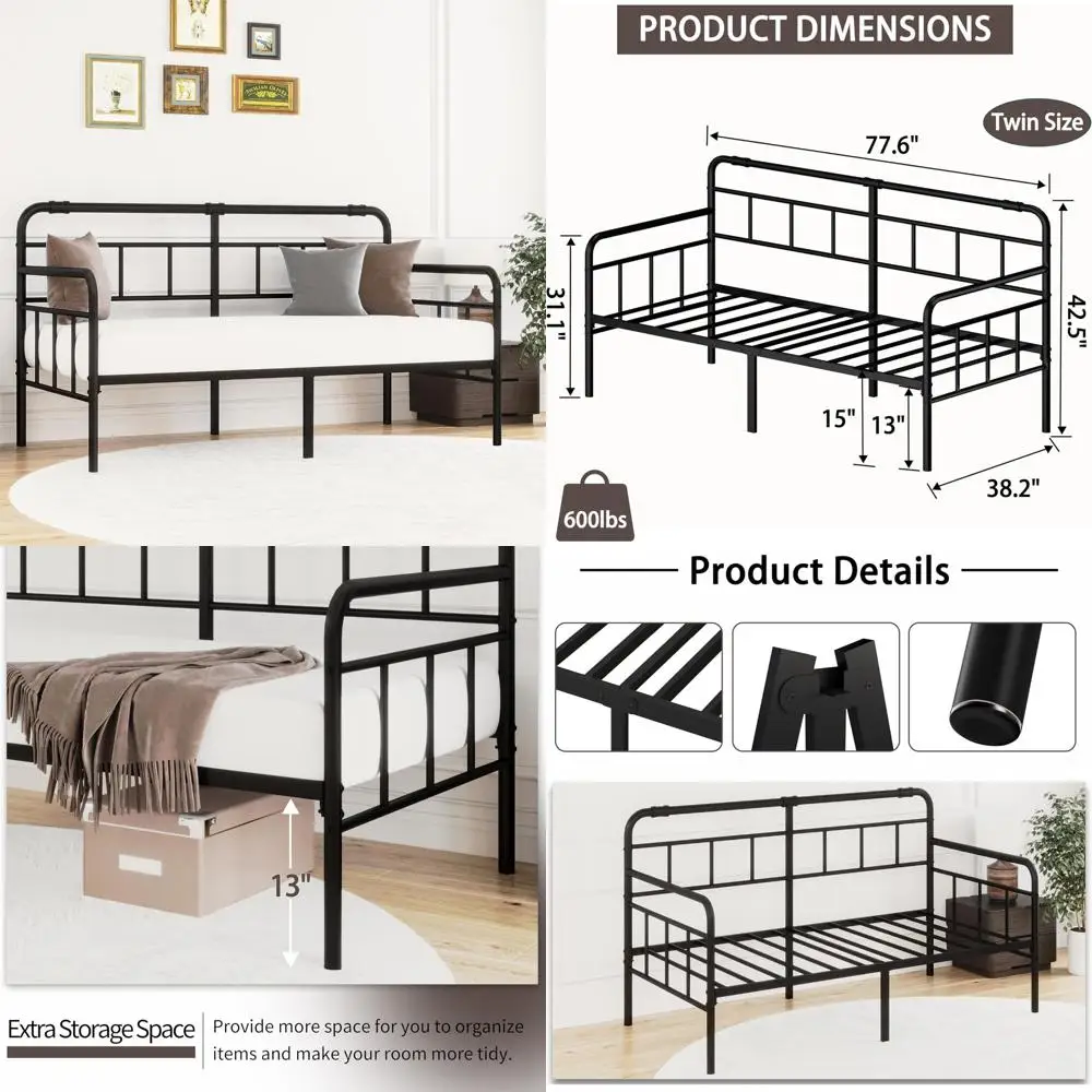 Daybed-Metal-Twin-Bed-Frames - with Modern Headboard,Strong Mattress Foundation with Steel Slats Support,No Box Spring Needed,Bl