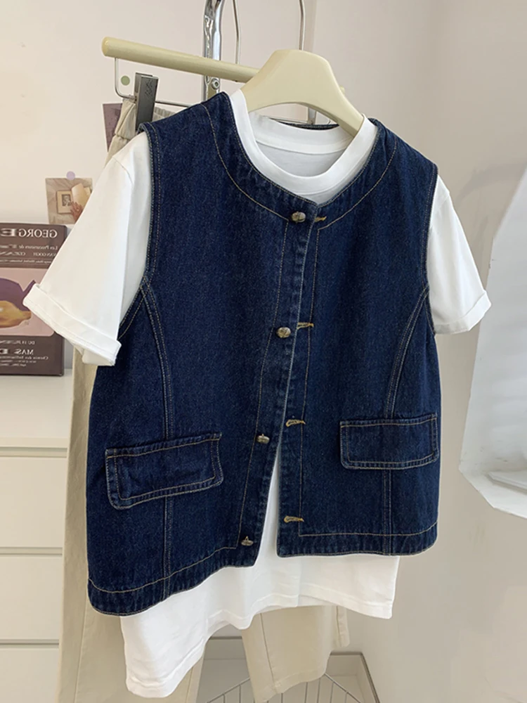 

Casual Style Women's Denim Vest Small Size Sleeveless Top Trendy Button Detail Pure Color Commute Wind Women's Fashion