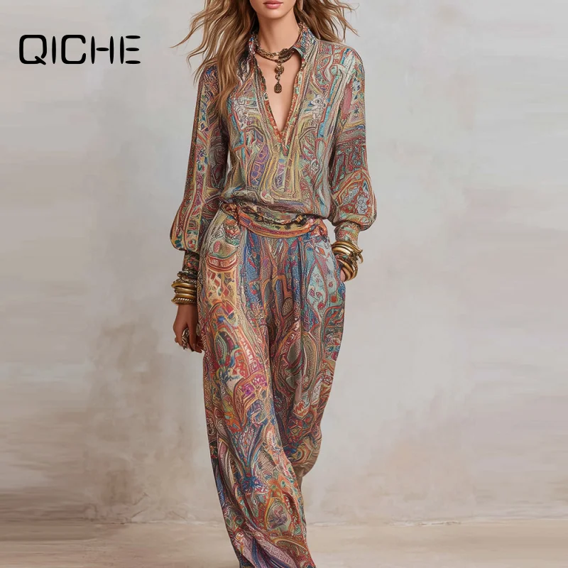 QICHE 2026 Elegant Two Piece Outfit For Women Deep V Neck Long Sleeve Blouse Wide Leg Trousers Printed Casual Suit