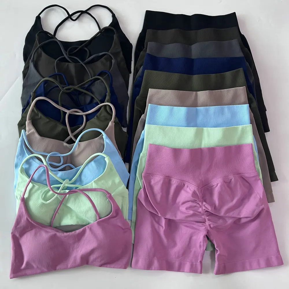 2-teiliges Set Damen-Outfit, nahtloser Yoga-BH mit Riemchen und Twist-Rücken, Scrunch-Shorts, Sportanzug, Fitness- und Gym-Kleidung, Yoga-Set – Detail 7