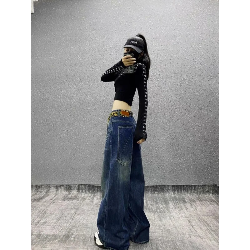 Spring and Autumn New American Pocket Casual Tie-Dye Jeans Women's Retro Leopard Print Ribbon Loose Wide Legs Pants