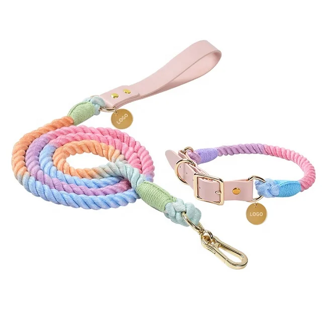 

Custom Tag Oem Braided Leather Dog Leash Ombre Cotton Rope Adjustable Luxury Leather Dog Collar and Leash Set