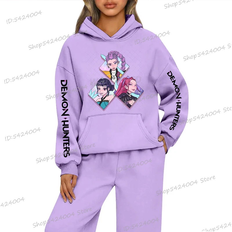 

KPop Охотники на демонов с принтом, осень-зима, женский и мужской спортивный костюм, толстовки с капюшоном из аниме, брюки, одежда унисекс, спортивный костюм KPop, комплект подарков