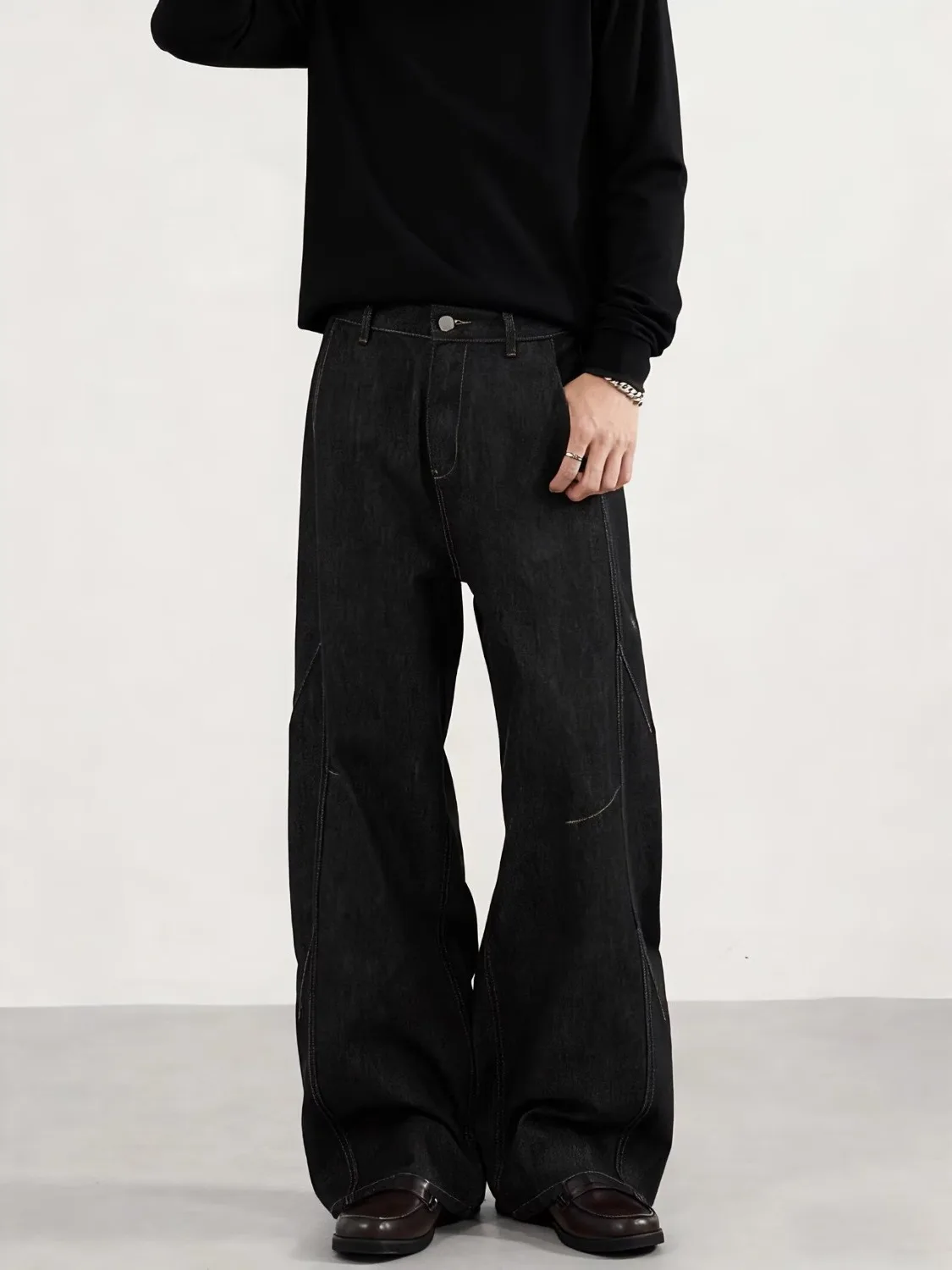 

Молодежные американские ретро-джинсы свободного прямого кроя унисекс, драпированные, из денима, оригинальные черные, универсальные повседневные джинсы