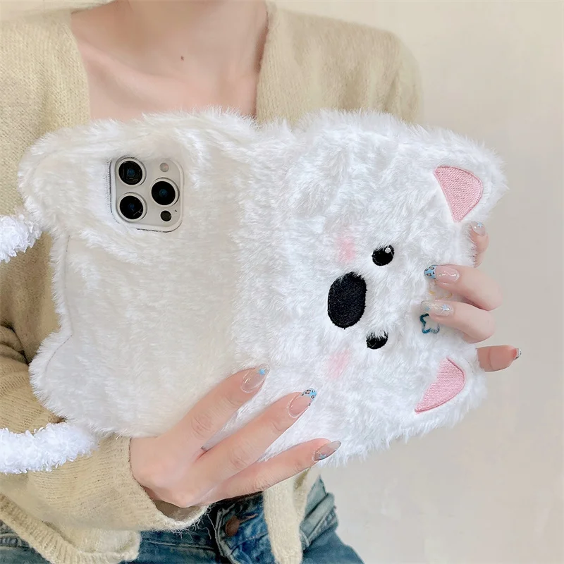 

White Cute Plush Western Highland Flip Bag phone case for iPhone 13 14 15 16 pro max