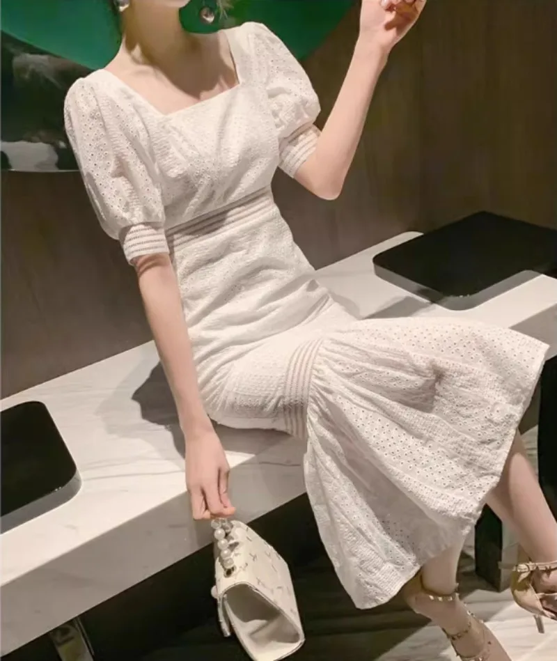 

Chic Women Dress White Lace Puff Sleeve Vintage Elegant Bodycon Dresses Luxury Design Square Neck Hollow Out Clothing Party