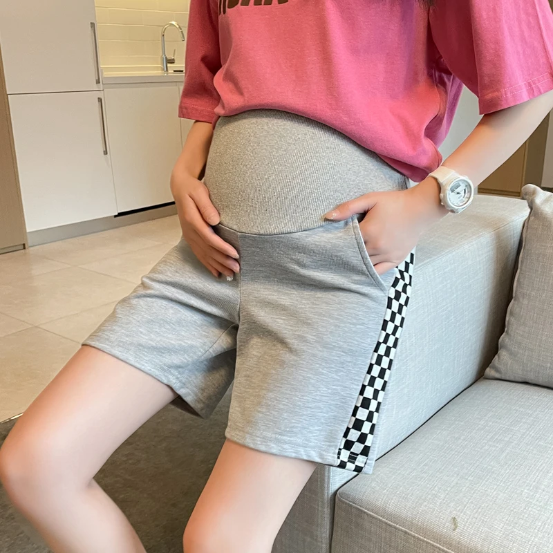 

Summer New Maternity Shorts Checkerboard Stitching Five-point Pants Casual Sports Pants outer wear wide-leg Pregnancy pants