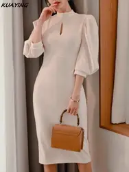 Elegancka sukienka bodycon z bufiastym rękawem dla kobiet Modna sukienka ze stójką Slim Kobiece sukienki midi Casual Office Lady Vestido Mujer