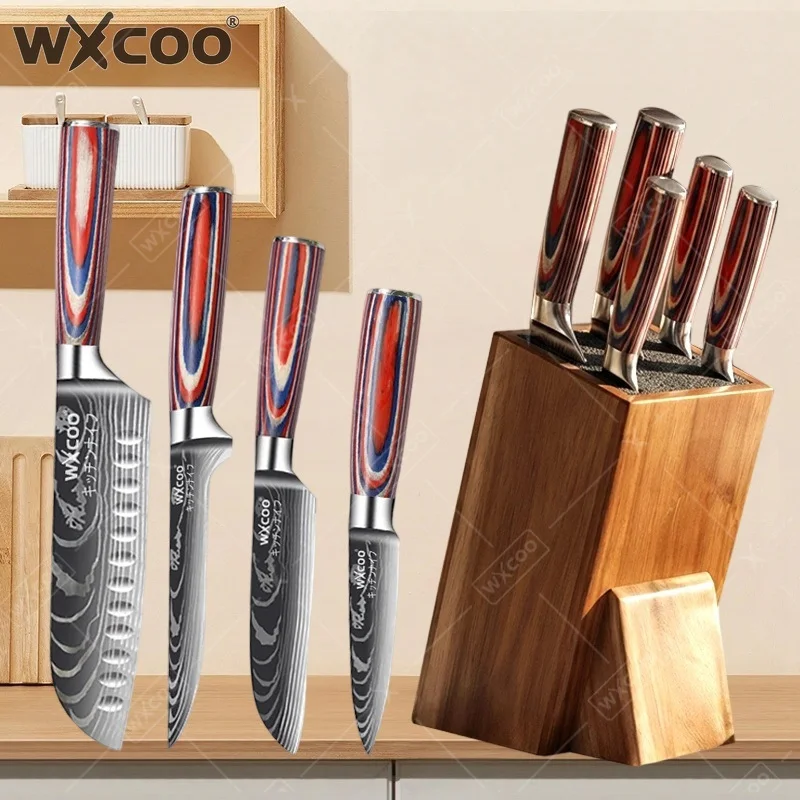 WXCOO Stainless Steel Kitchen Knife Set Japanese Knife Professional Wooden Handle Cutting Fruit Meat Slicing with Gift Box