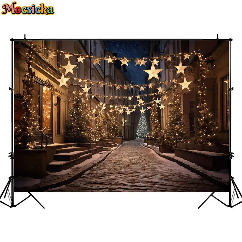 Christmas Street Photography Backdrops Star Light Winter Kids Family Portrait Background Xmas Tree Party Photocall Photo Studio