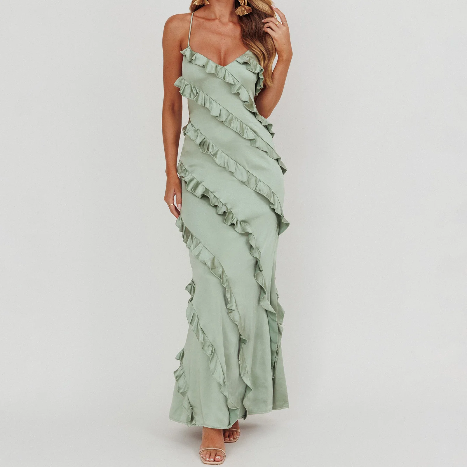 2025 Luxury Women's Soild Color Summer Long Cami Dress Sleeveless Cross Back Ruffle Trim Spaghetti Strap Dress