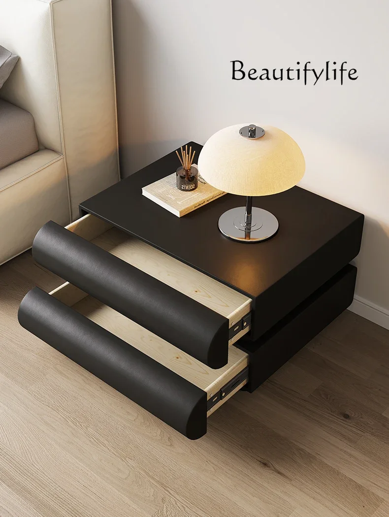 O Moon Half Bedside Table, Italian Minimalist Bedside Table, Smart Black Leather Storage Cabinet, Modern Storage Cabinet