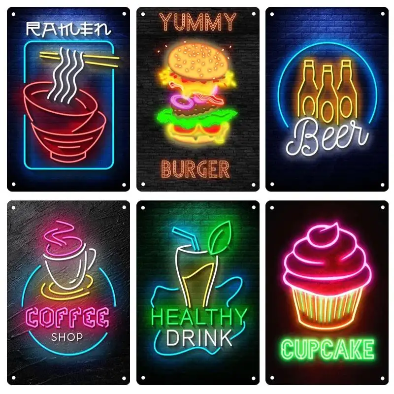 Neon Burger Metal Poster Sign Plaque Tintype Food Advertising Plaque Kitchen Bar Club Modern Wall Art Decor Panel Mural Gift