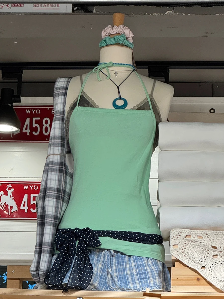 Green Lace-up Slim Halter Tank Tops Woman Summer Solid Sleeveless Sexy Backless Camisole Female Casual Vacation Style Sweet Vest