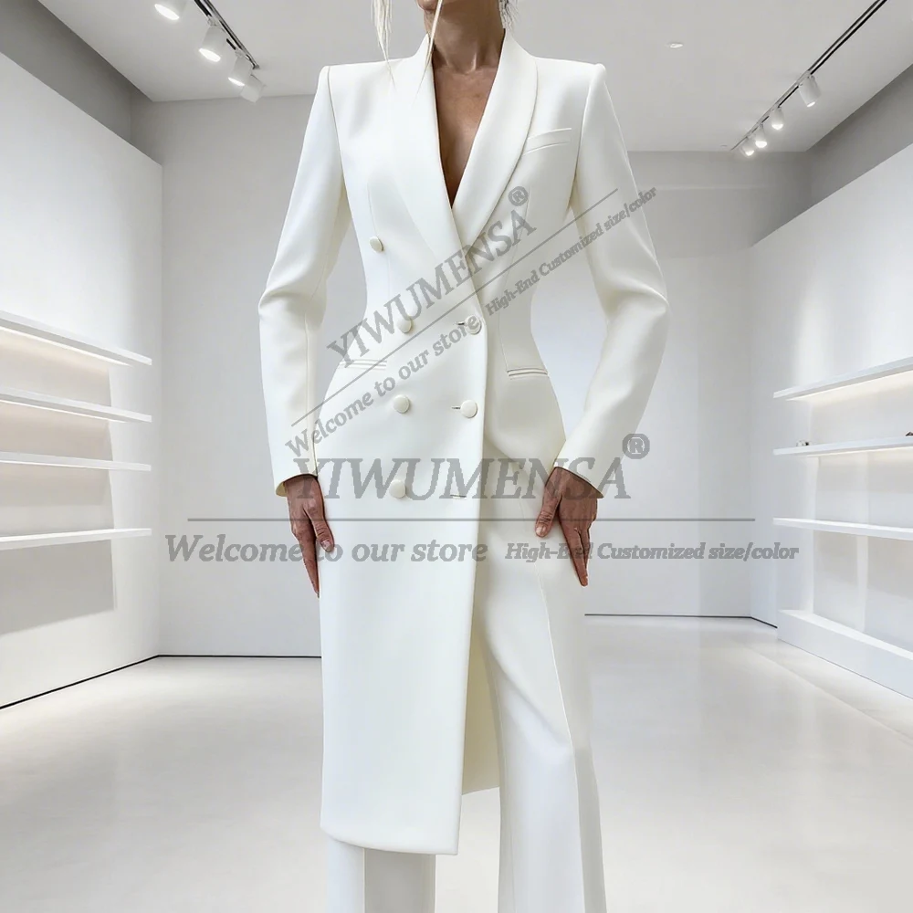 Elegante effen damespakken 2-delig dubbele rij knopen piek revers jas broek sets mode prom blazer lange aangepaste dame kledij