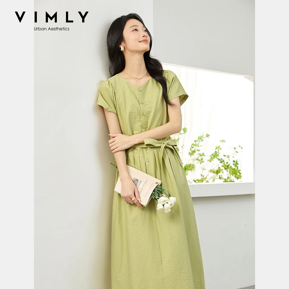 VIMLY Women's Long Dress Summer 2025 Casual Green Pleated Wearing V-neck Puff Sleeve Straight Dresses Clothing Female A1901