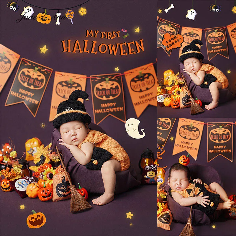 

Наряд для фотосъемки новорожденных на Хэллоуин, детский костюм, комбинезон со шляпой и сумкой для конфет с тыквой, реквизит для детской фотосессии