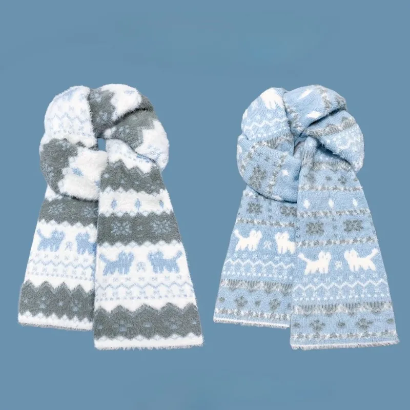

Вязаный шарф Fair Isle с милым котом, женский, зимний, теплый, мягкий, стильный, в корейском стиле, уютный, для повседневного ношения, модный аксессуар