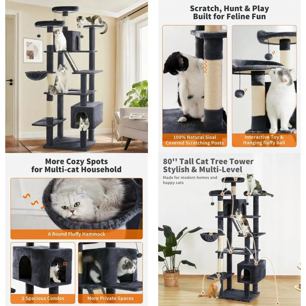

Elevated Cat Tower for Large Indoor Cats: Modern 80-Inch Cat Condo with Scratching Post, Comfy Hammock, and 3 Perches