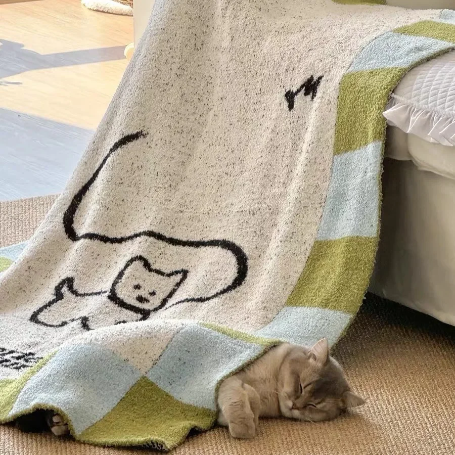 Soft Half Fluffy Air Condition Blanket Nordic Puppy Motif Polyester Sofa Cover Lightweight Nap Throw Living Room Decor Fabric