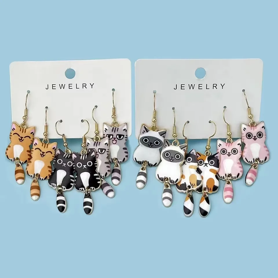 

3 Pairs New Fun and Cute Enamel Alloy Hanging Tail Cat Dangle Earrings Colored Cat Ear Jewelry Set Lovely Gift For Women Girls
