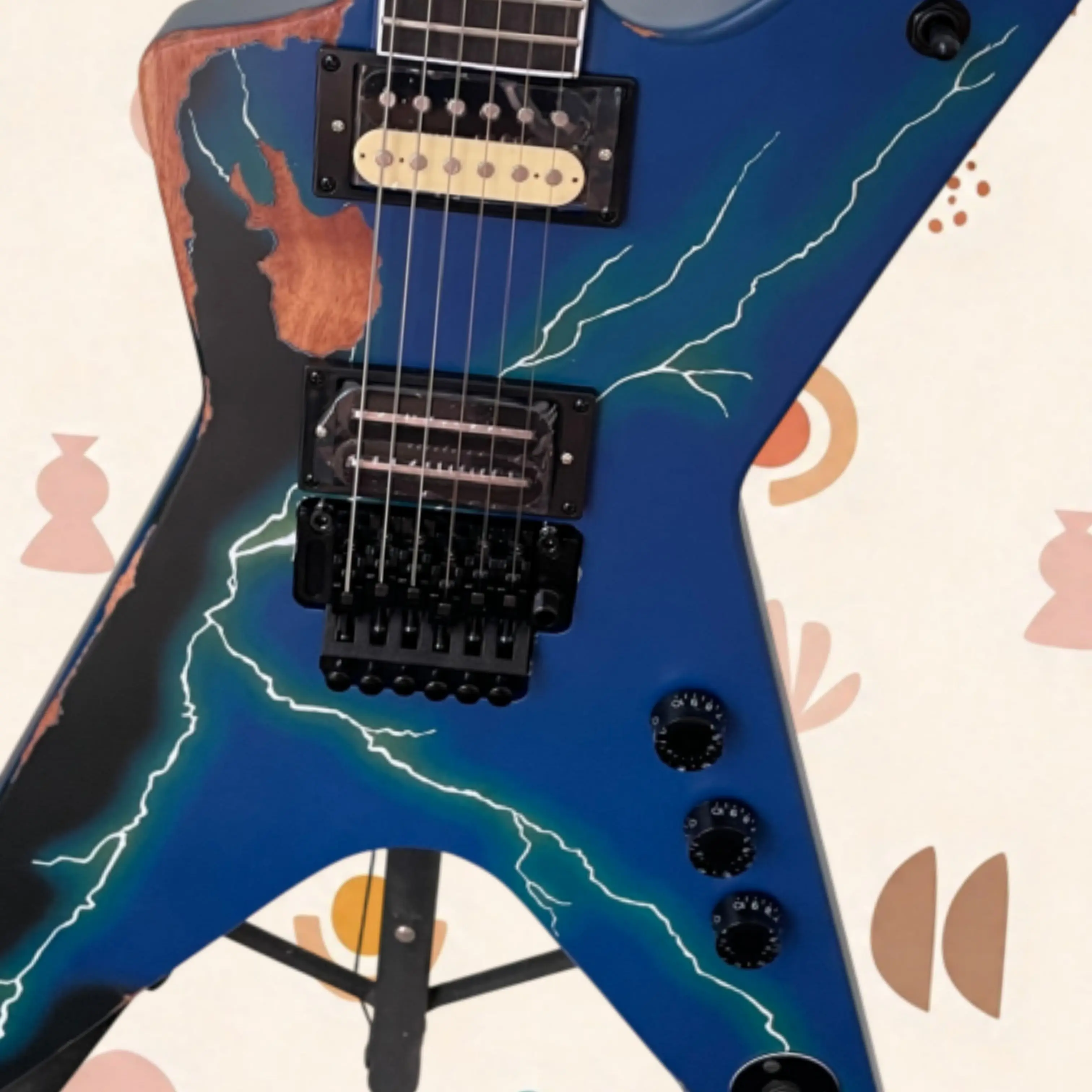 Lightning Painted Distressed Angular Electric Guitar,Exposed Wood Edge Guitars,for Metal Musicians Playing & Collection Guitarra