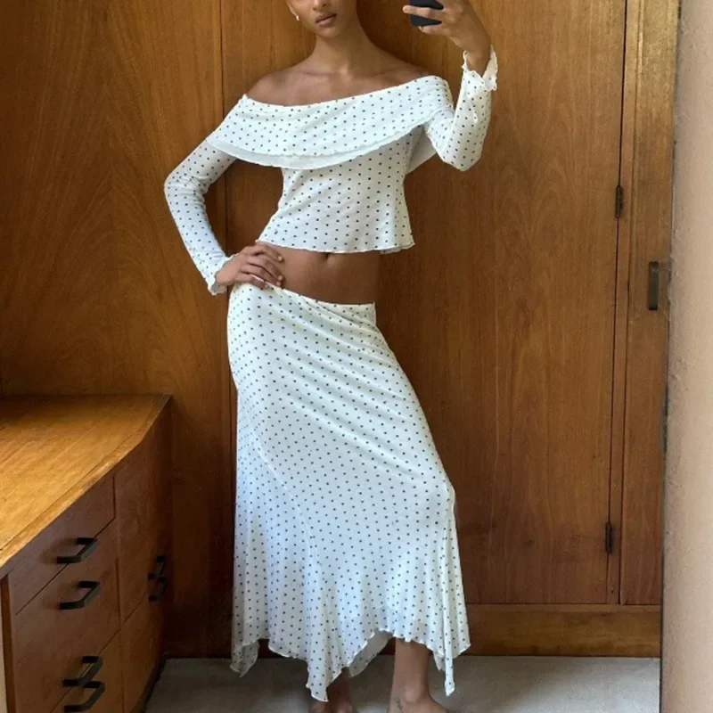 

DINADD One Shoulder Long Dress Set Sexy Polka Dot Long Sleeve Top Casual Dress Set Fashion Vacation Party Women Dress Set Y2k